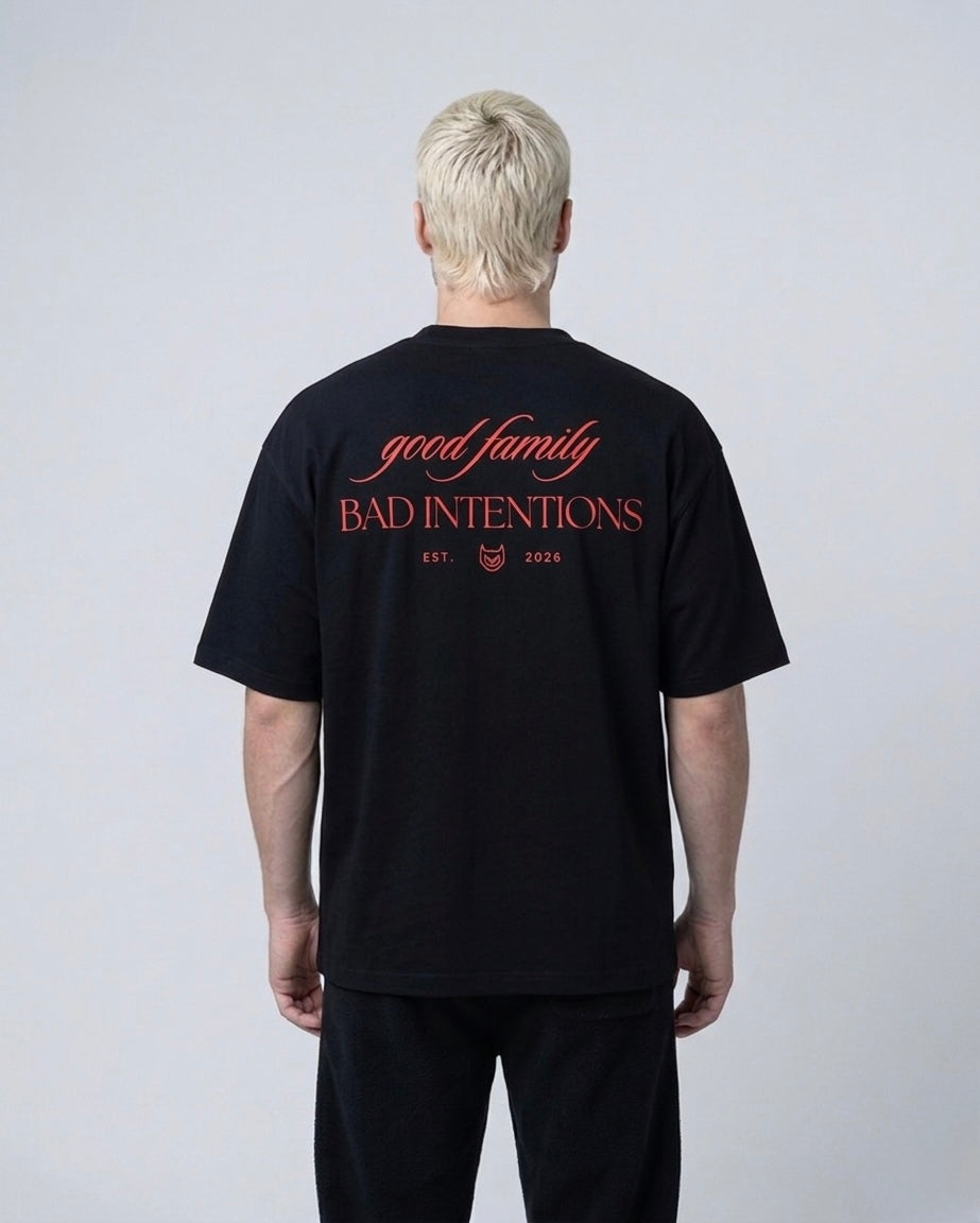 GOOD FAMILY 310G TEE — BLACK / CORAL